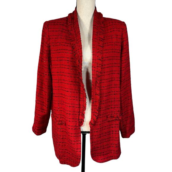 Worthington Large Tweed Blazer Jacket Open-Front Fringe Long Sleeve Lightweight - Picture 1 of 9